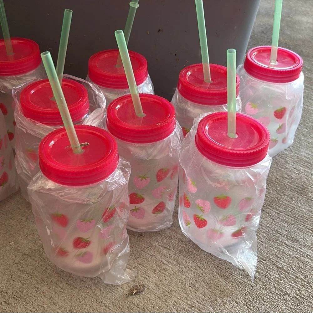 9 Strawberry-Themed Party Cups with Red Lids and Straws
